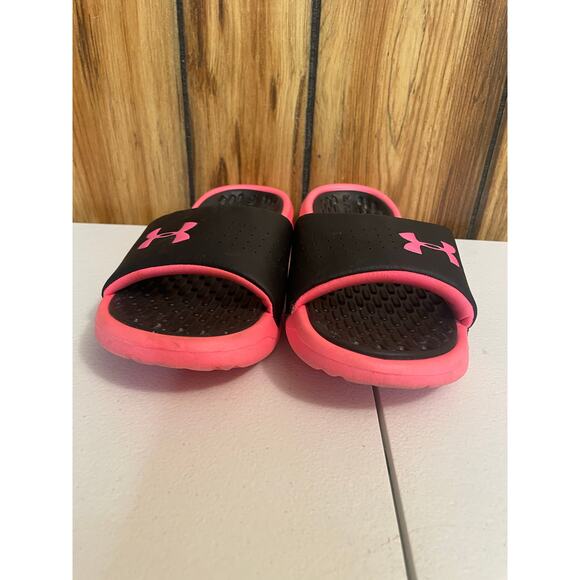 Under Armour Youth size 3 Y hot pink & black slip on flip‎ flop slide unisex - Picture 2 of 7